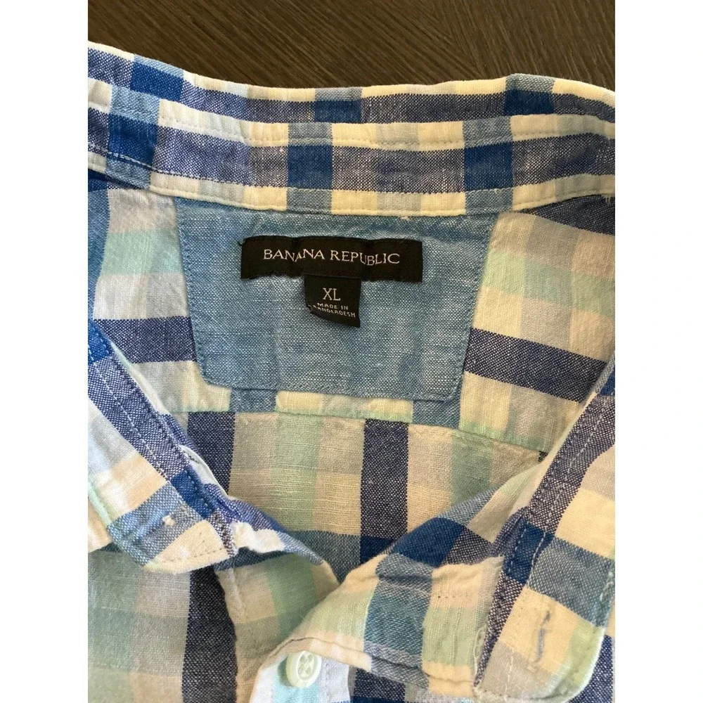 Banana Republic Linen Cotton‎ Plaid Shirt Mens XL Blue Short Sleeve Button Front